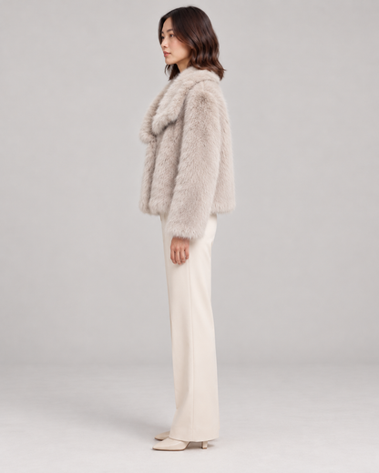 Women's Textured Shawl-Collar Jacket, Beige, Full-length side view