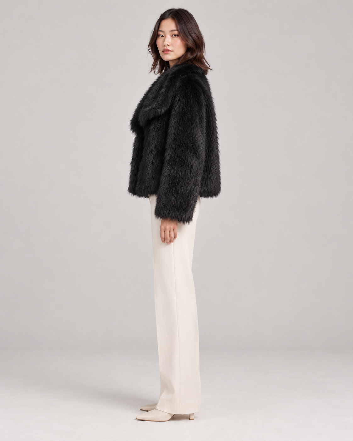 Women's Textured Shawl-Collar Jacket, Black, Full-length side view