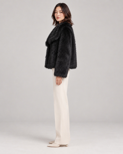 Women's Textured Shawl-Collar Jacket, Black, Full-length side view