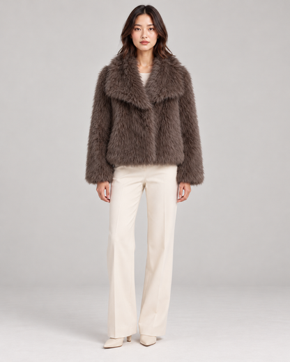 Women's Textured Shawl-Collar Jacket, Brown, Full-length front view