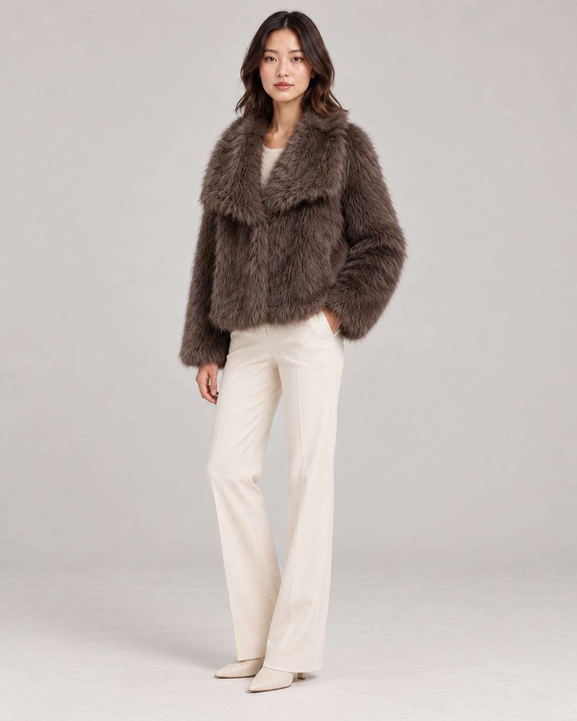 Women's Textured Shawl-Collar Jacket, Brown, Full-length three-quarter view