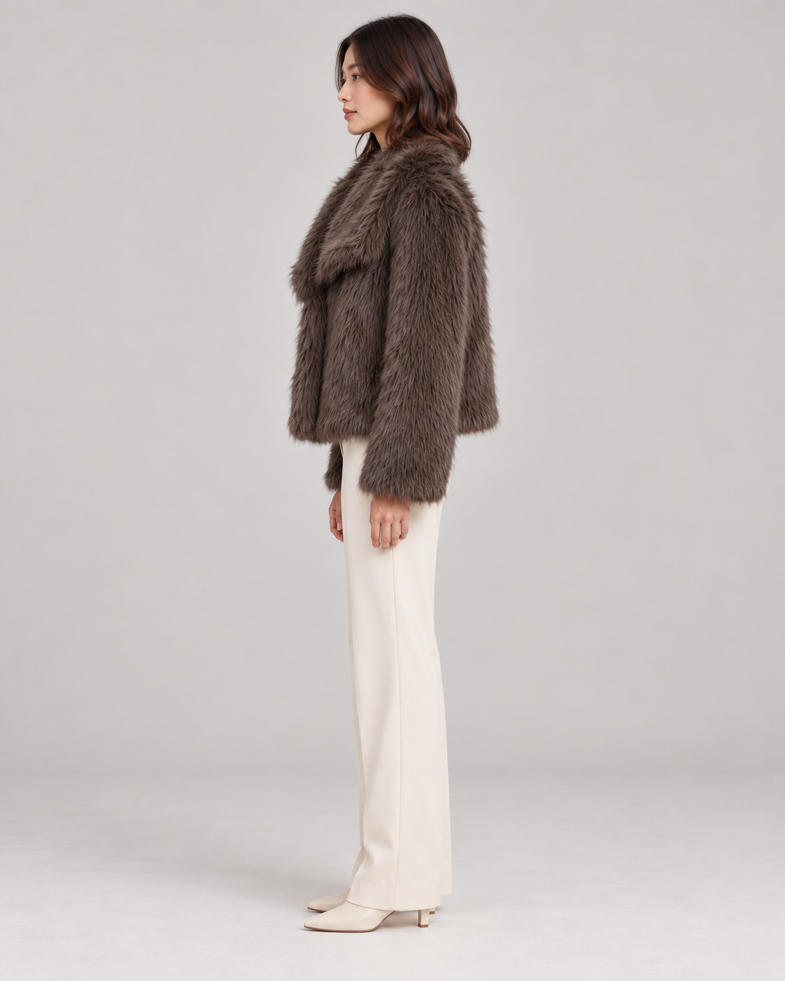 Women's Textured Shawl-Collar Jacket, Brown, Full-length side view
