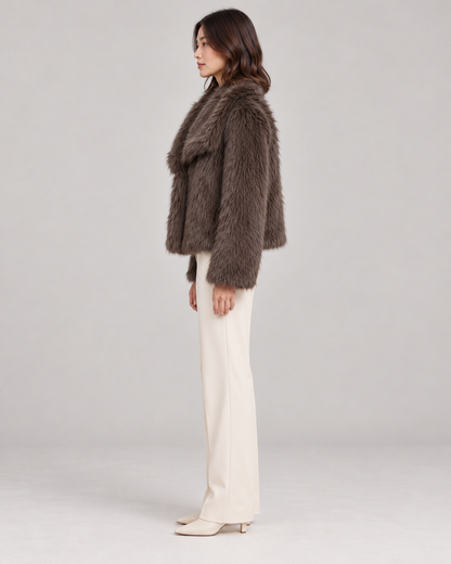 Women's Textured Shawl-Collar Jacket, Brown, Full-length side view