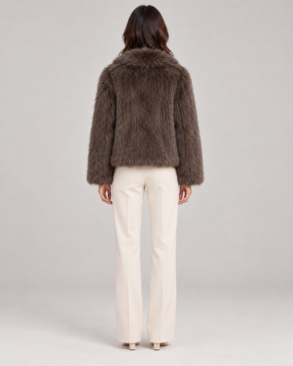Women's Textured Shawl-Collar Jacket, Brown, Full-length rear view