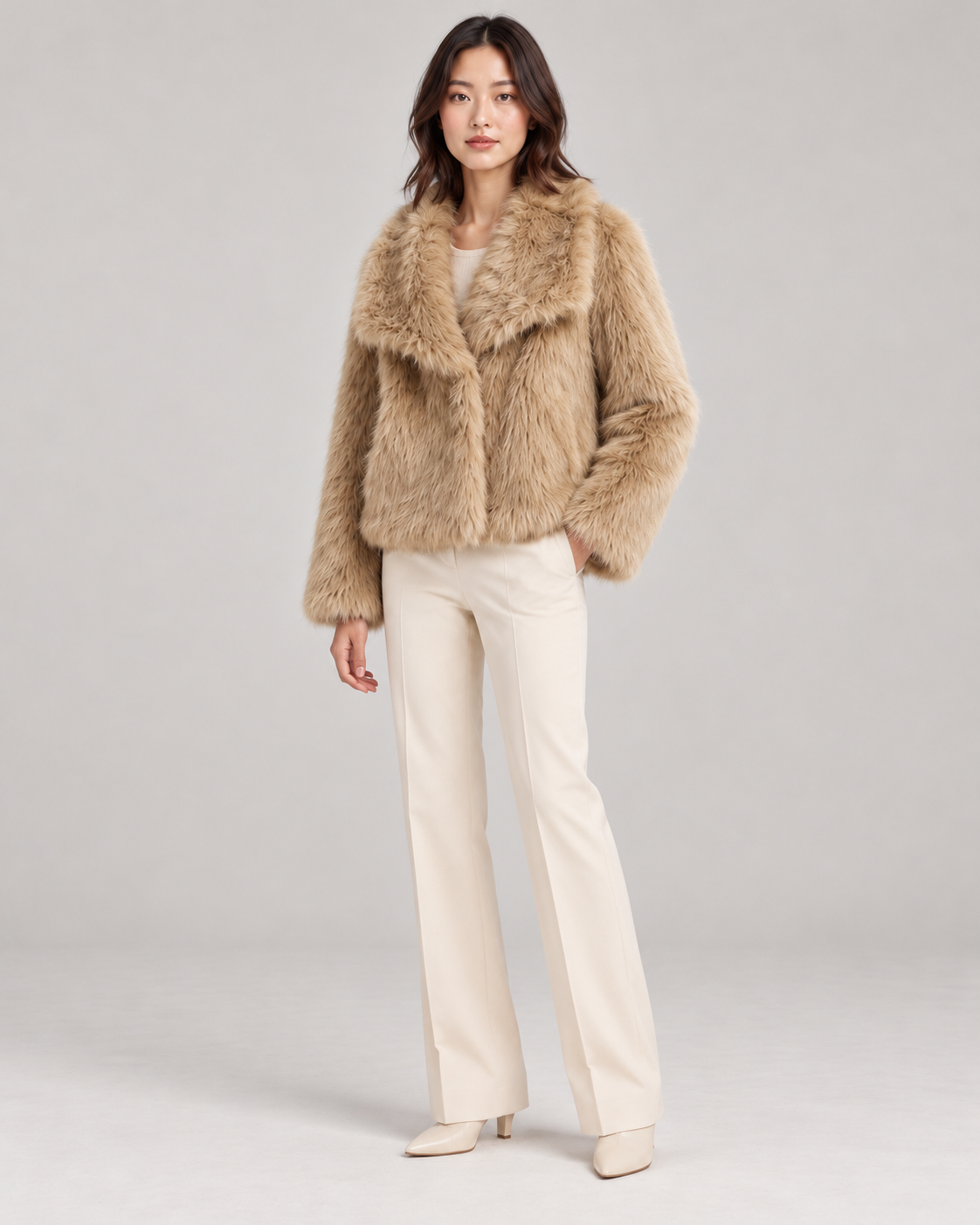 Women's Textured Shawl-Collar Jacket, Camel, Full-length three-quarter view