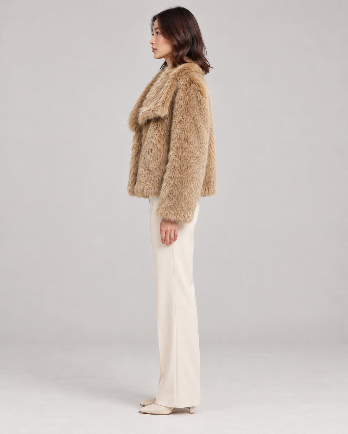 Women's Textured Shawl-Collar Jacket, Camel, Full-length side view