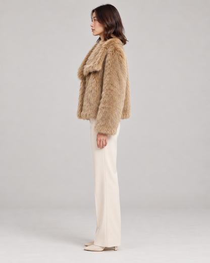 Women's Textured Shawl-Collar Jacket, Camel, Full-length side view