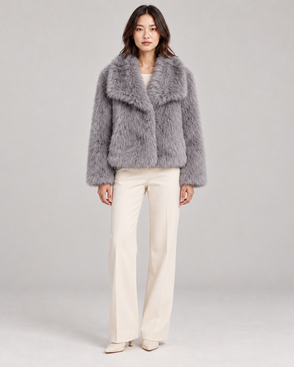 Women's Textured Shawl-Collar Jacket, Grey, Full-length front view