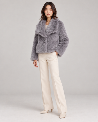 Women's Textured Shawl-Collar Jacket, Grey, Full-length three-quarter view
