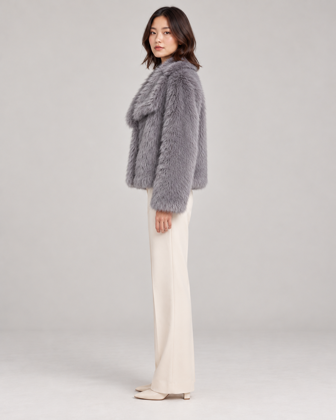 Women's Textured Shawl-Collar Jacket, Grey, Full-length side view