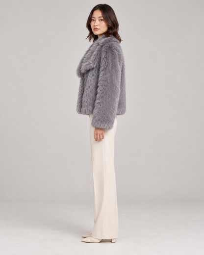 Women's Textured Shawl-Collar Jacket, Grey, Full-length side view