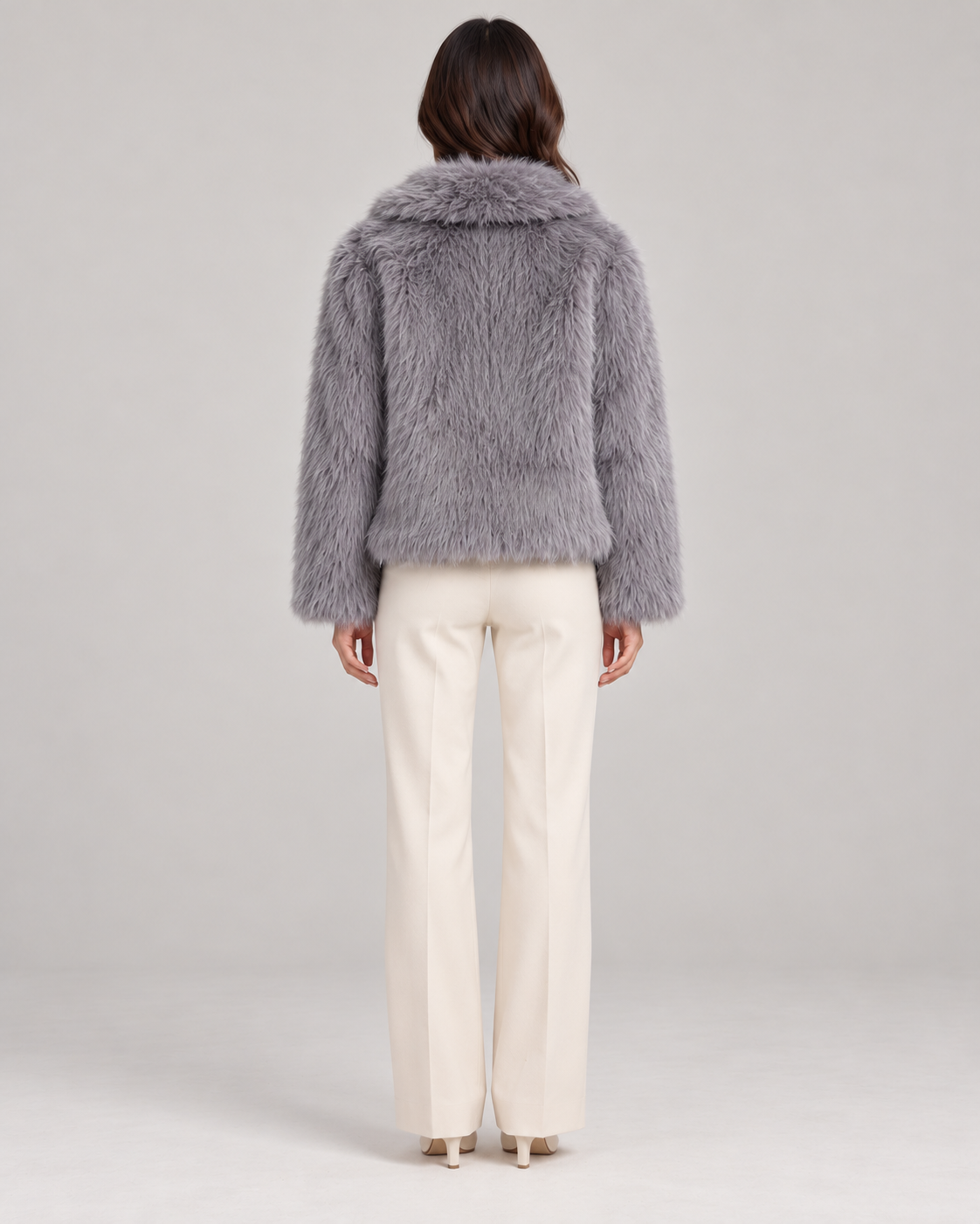 Women's Textured Shawl-Collar Jacket, Grey, Full-length rear view