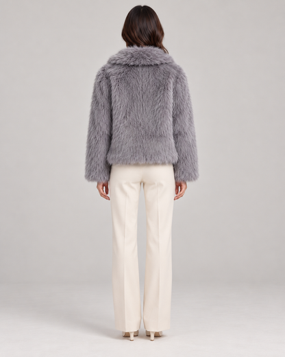 Women's Textured Shawl-Collar Jacket, Grey, Full-length rear view
