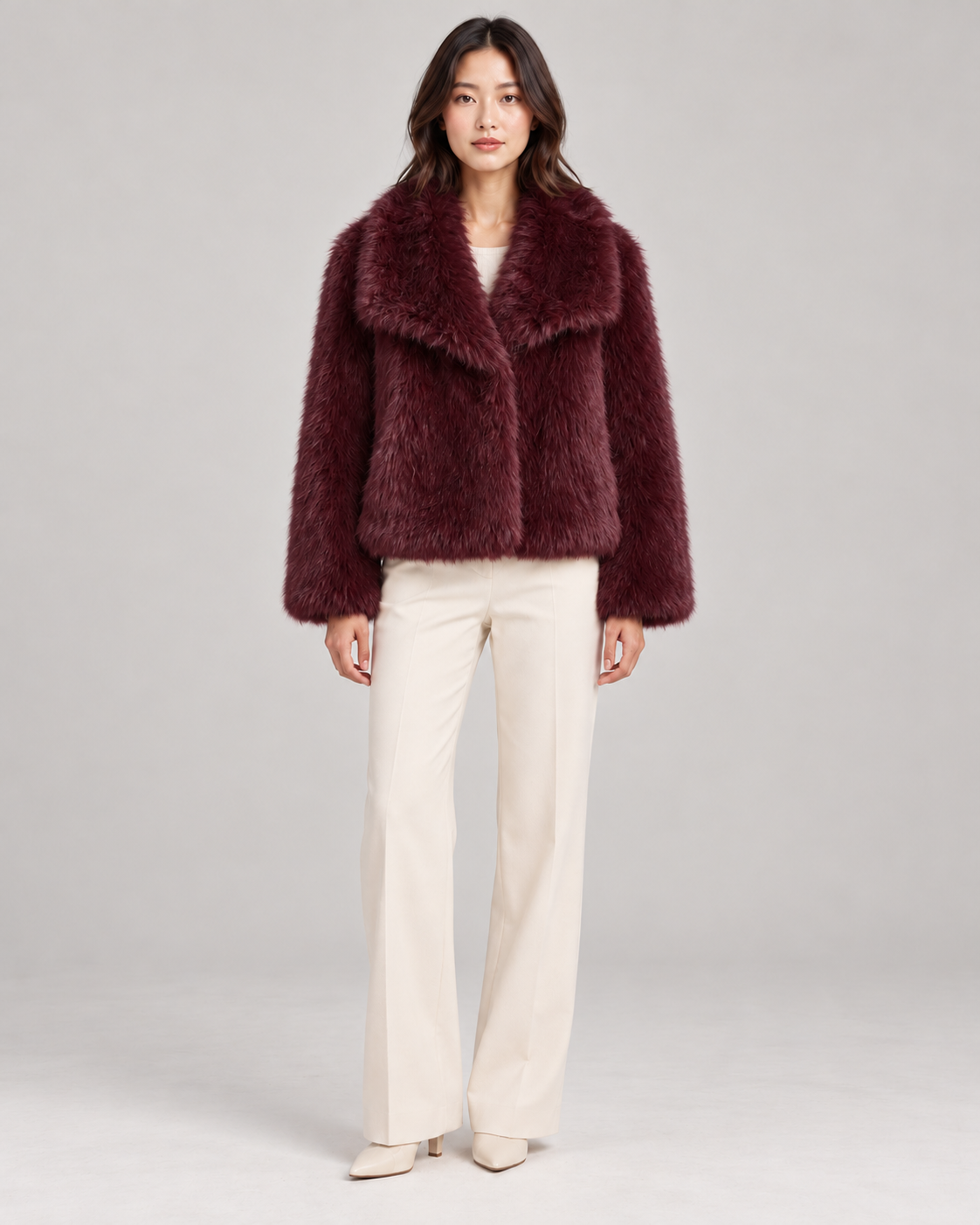 Women's Textured Shawl-Collar Jacket, Wine Red, Full-length front view