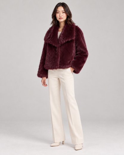 Women's Textured Shawl-Collar Jacket, Wine Red, Full-length three-quarter view
