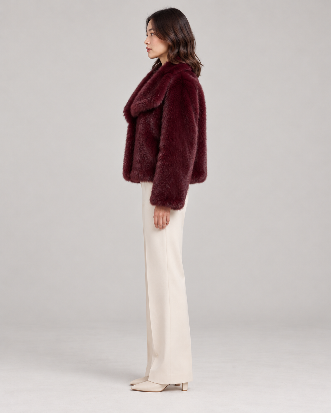 Women's Textured Shawl-Collar Jacket, Wine Red, Full-length side view