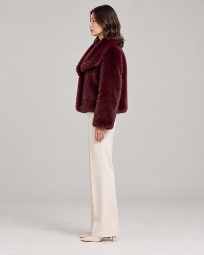 Women's Textured Shawl-Collar Jacket, Wine Red, Full-length side view