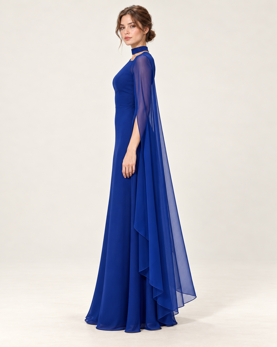 Women's Long Split-Sleeve Dress with Neck Cutout, blue color, side profile