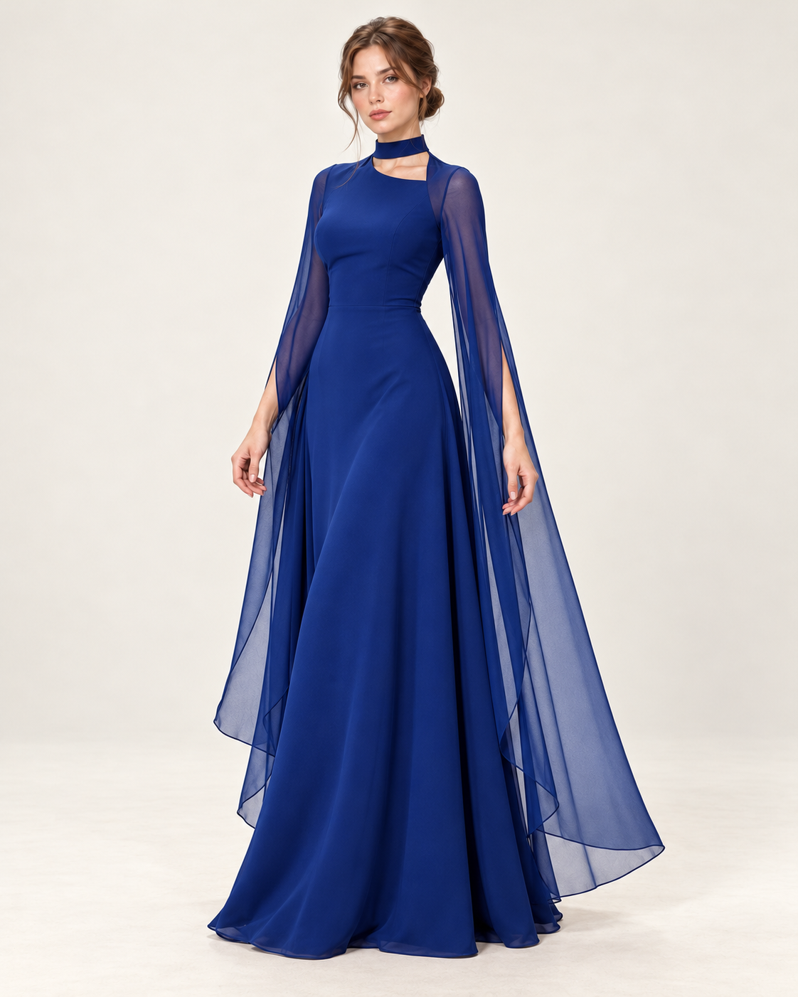 Women's Long Split-Sleeve Dress with Neck Cutout, blue color, three-quarter view