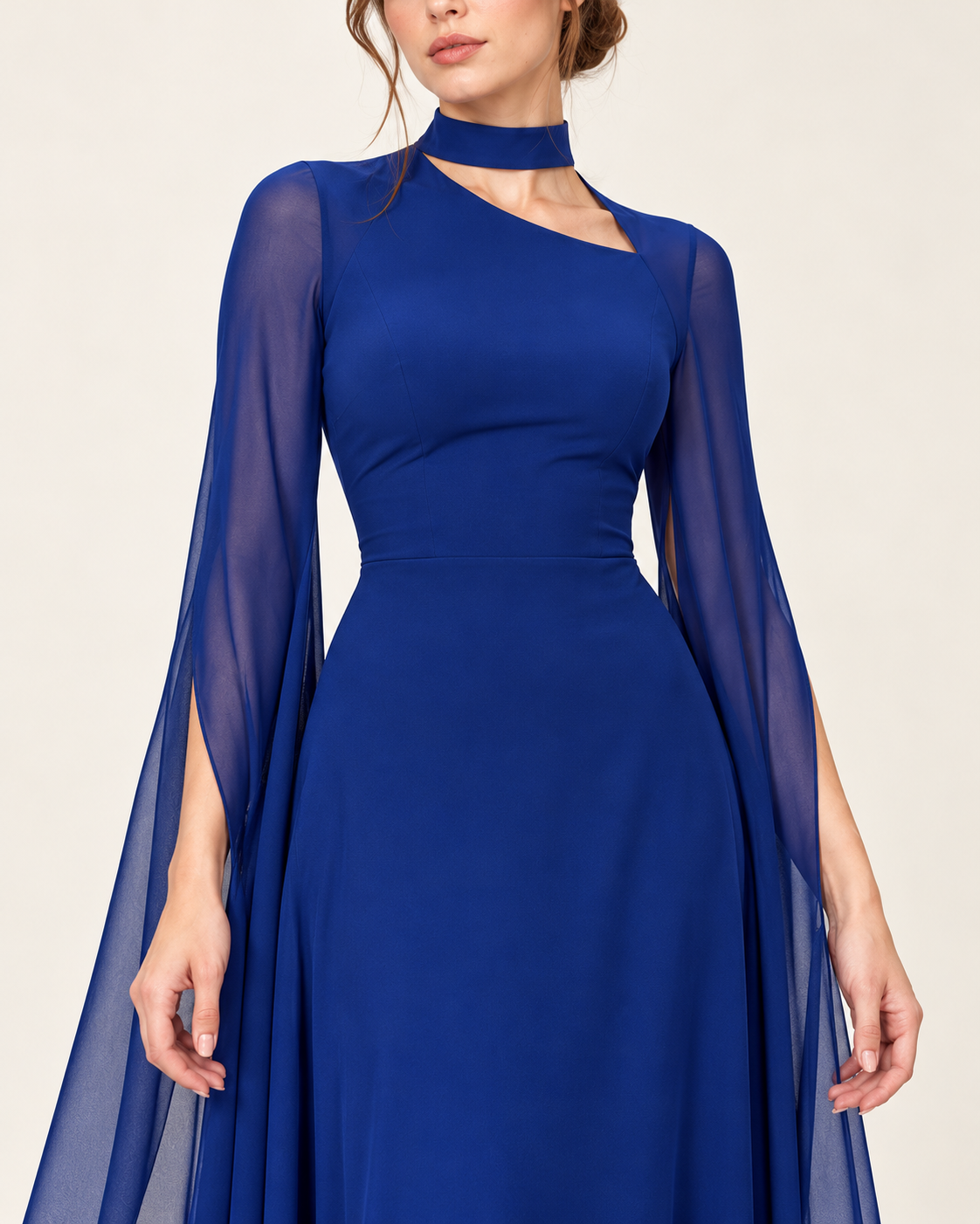Women's Long Split-Sleeve Dress with Neck Cutout, blue color, garment detail
