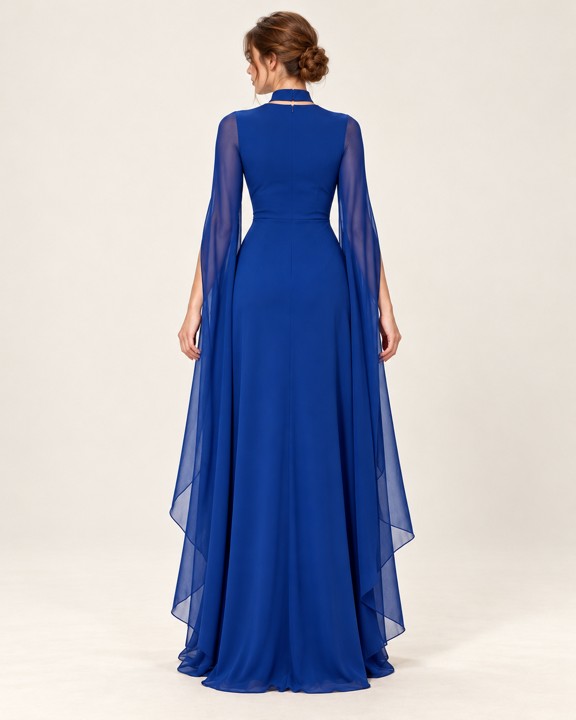 Women's Long Split-Sleeve Dress with Neck Cutout, blue color, back view