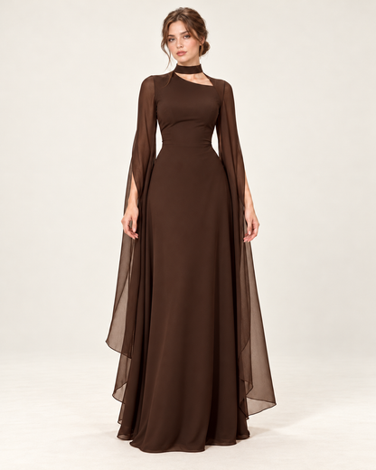 Women's Long Split-Sleeve Dress with Neck Cutout, brown color, front view