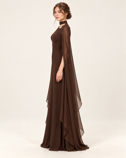 Women's Long Split-Sleeve Dress with Neck Cutout, brown color, side profile