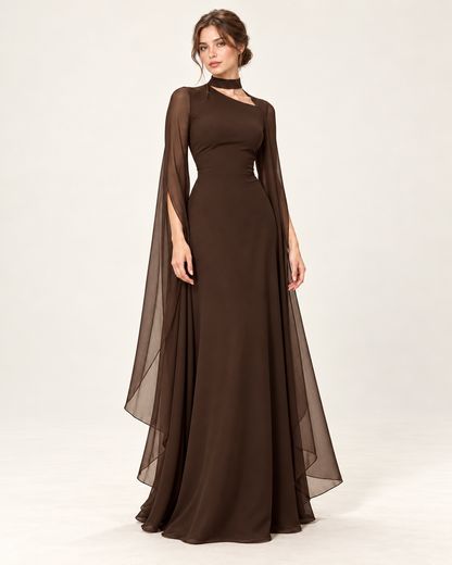 Women's Long Split-Sleeve Dress with Neck Cutout, brown color, three-quarter view
