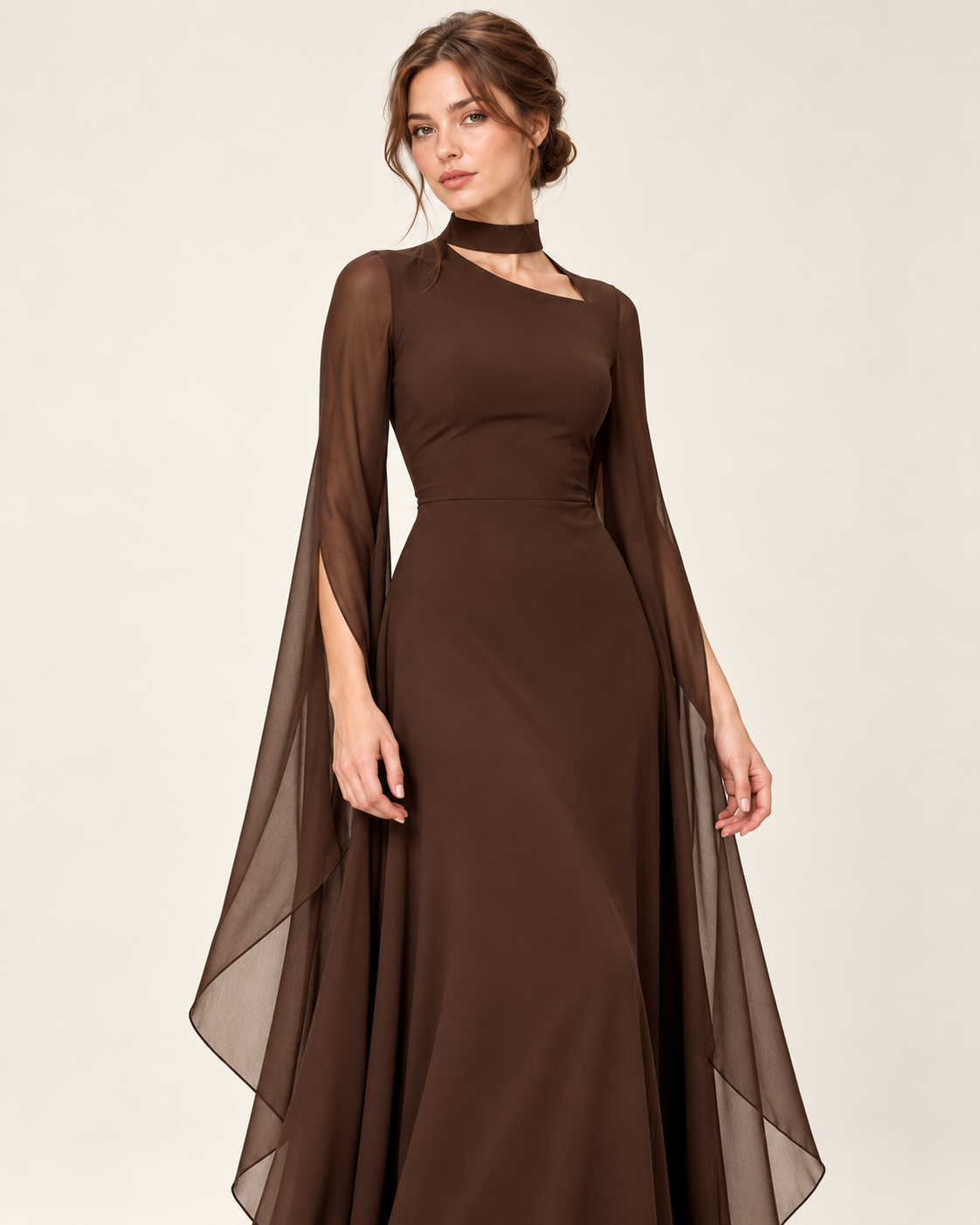 Women's Long Split-Sleeve Dress with Neck Cutout, brown color, garment detail