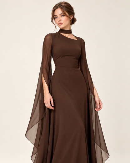 Women's Long Split-Sleeve Dress with Neck Cutout, brown color, garment detail