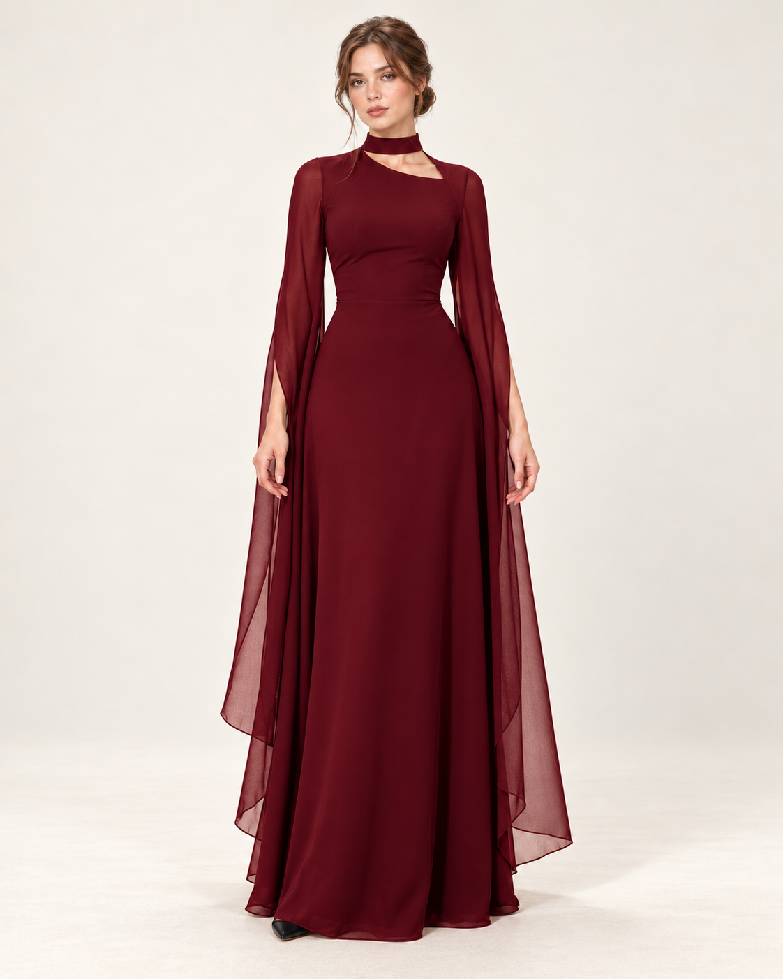 Women's Long Split-Sleeve Dress with Neck Cutout, dark red color, front view