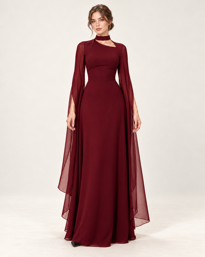 Women's Long Split-Sleeve Dress with Neck Cutout, dark red color, front view