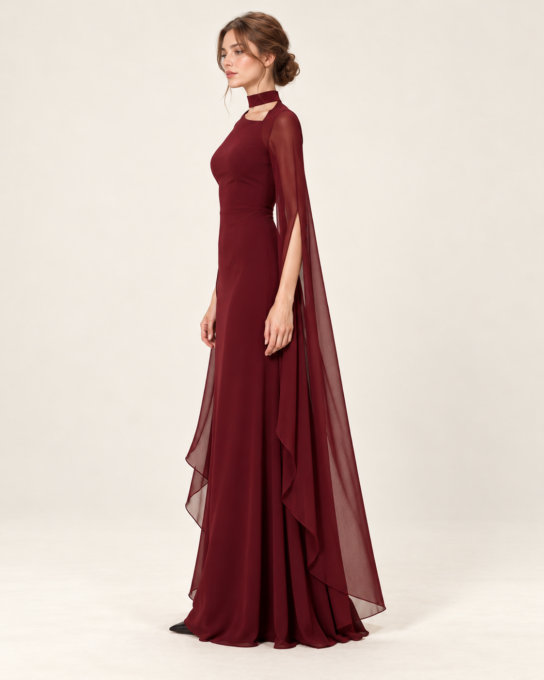 Women's Long Split-Sleeve Dress with Neck Cutout, dark red color, side profile