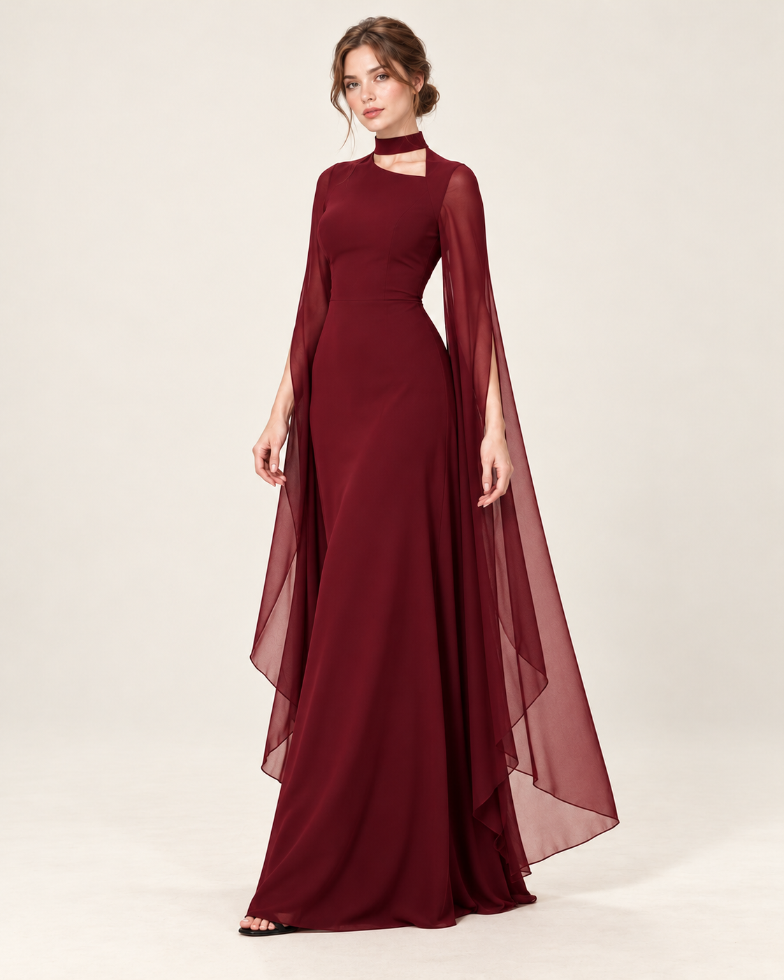 Women's Long Split-Sleeve Dress with Neck Cutout, dark red color, three-quarter view