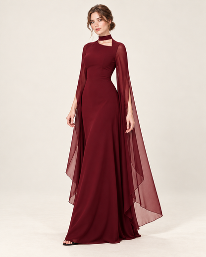 Women's Long Split-Sleeve Dress with Neck Cutout, dark red color, three-quarter view