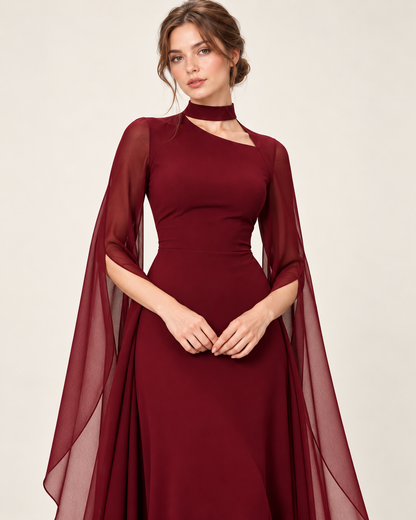 Women's Long Split-Sleeve Dress with Neck Cutout, dark red color, garment detail