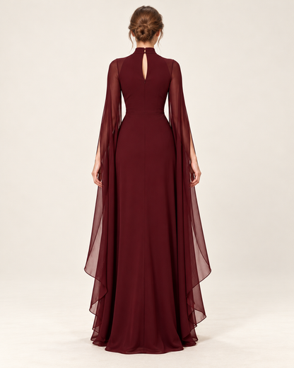 Women's Long Split-Sleeve Dress with Neck Cutout, dark red color, back view