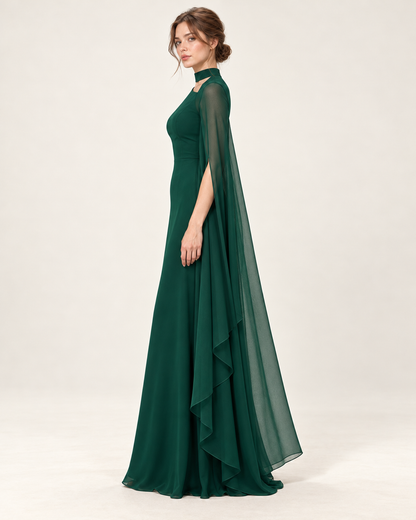 Women's Long Split-Sleeve Dress with Neck Cutout, green color, side profile
