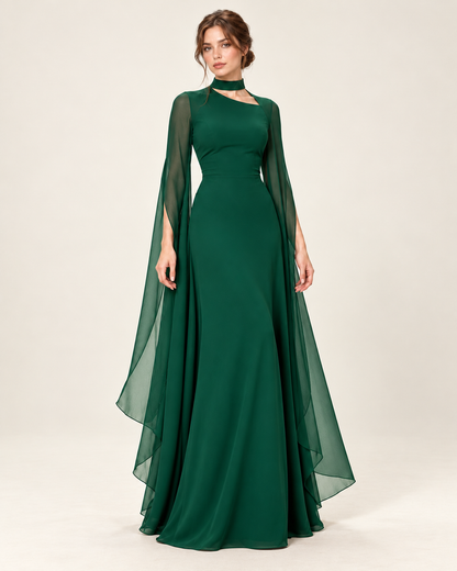 Women's Long Split-Sleeve Dress with Neck Cutout, green color, three-quarter view