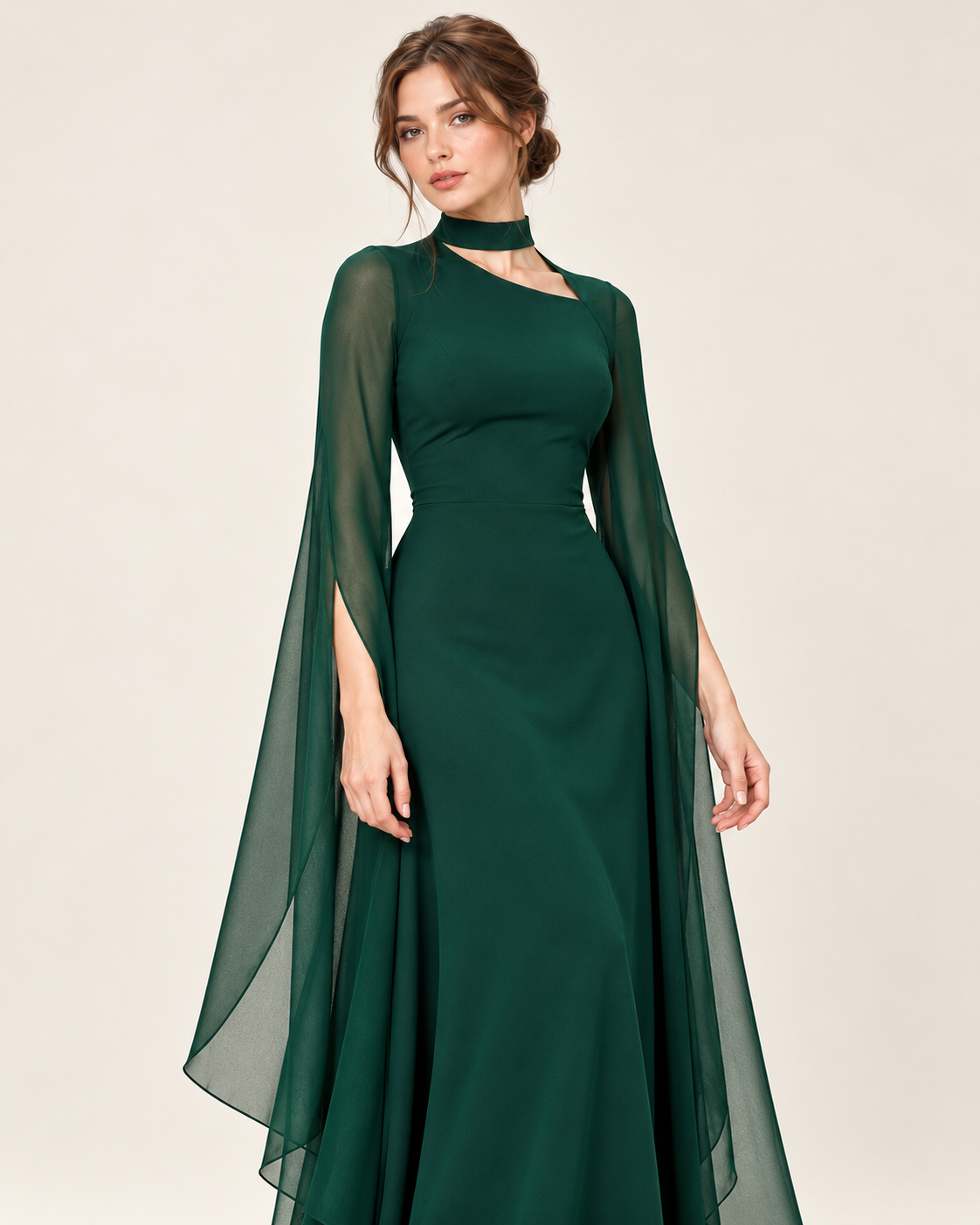 Women's Long Split-Sleeve Dress with Neck Cutout, green color, garment detail