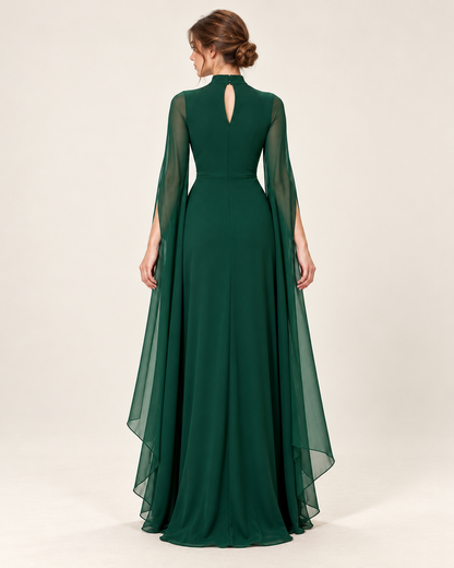 Women's Long Split-Sleeve Dress with Neck Cutout, green color, back view
