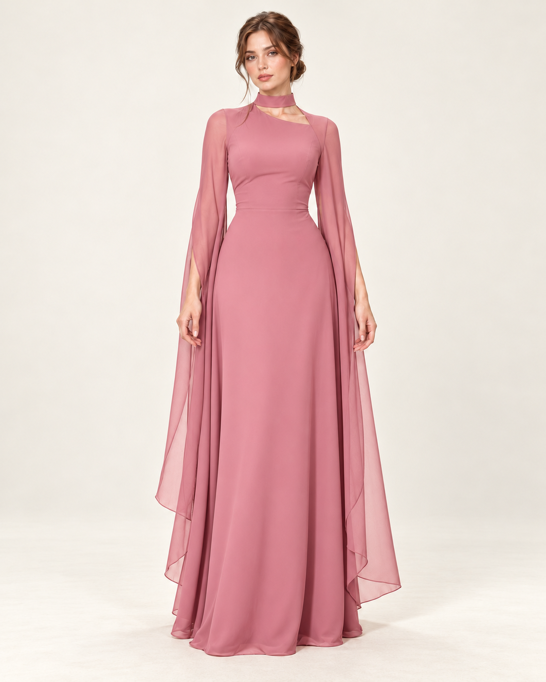Women's Long Split-Sleeve Dress with Neck Cutout, pink color, front view