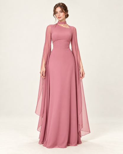 Women's Long Split-Sleeve Dress with Neck Cutout, pink color, front view