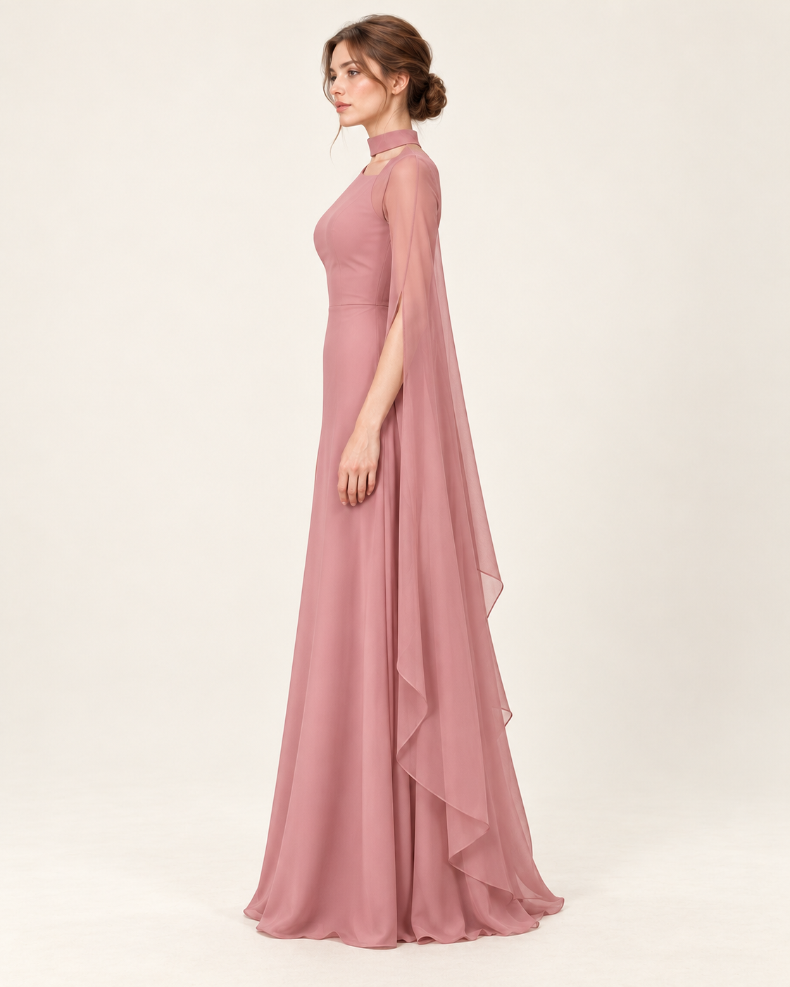 Women's Long Split-Sleeve Dress with Neck Cutout, pink color, side profile