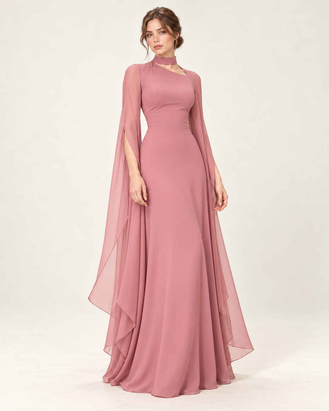 Women's Long Split-Sleeve Dress with Neck Cutout, pink color, three-quarter view