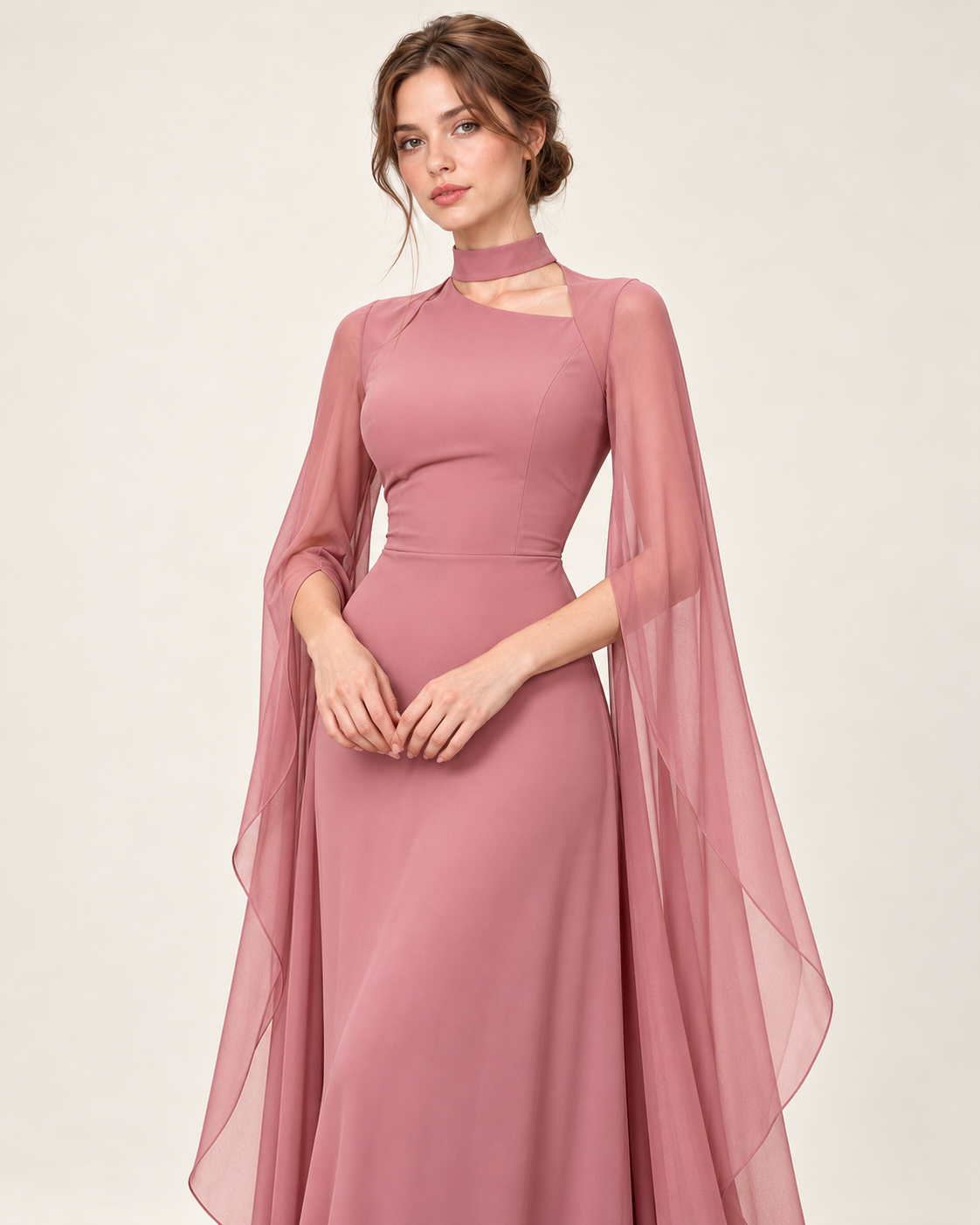 Women's Long Split-Sleeve Dress with Neck Cutout, pink color, garment detail