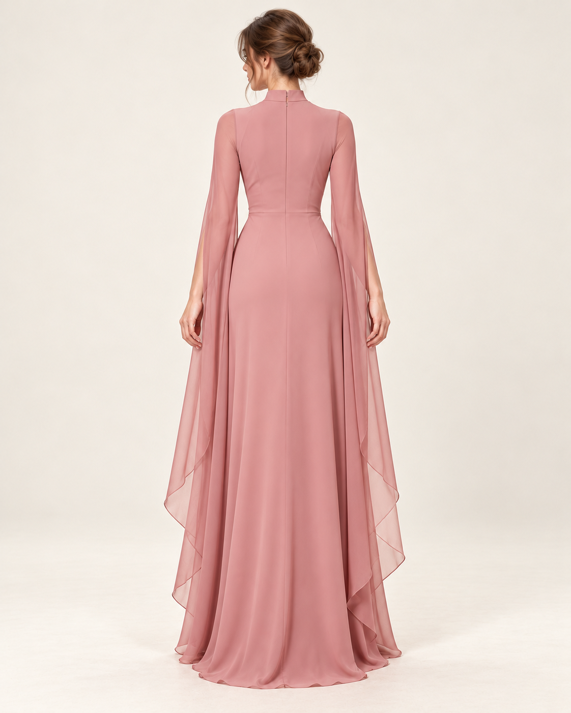 Women's Long Split-Sleeve Dress with Neck Cutout, pink color, back view