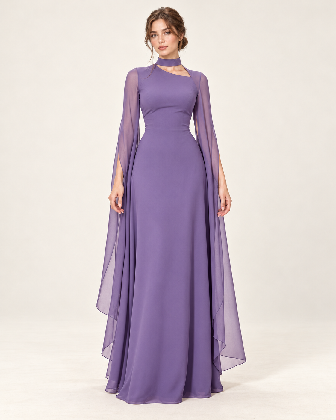 Women's Long Split-Sleeve Dress with Neck Cutout, purple color, front view