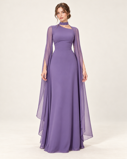 Women's Long Split-Sleeve Dress with Neck Cutout, purple color, front view