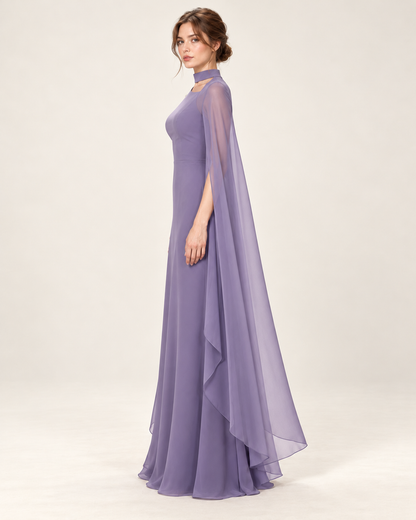 Women's Long Split-Sleeve Dress with Neck Cutout, purple color, side profile